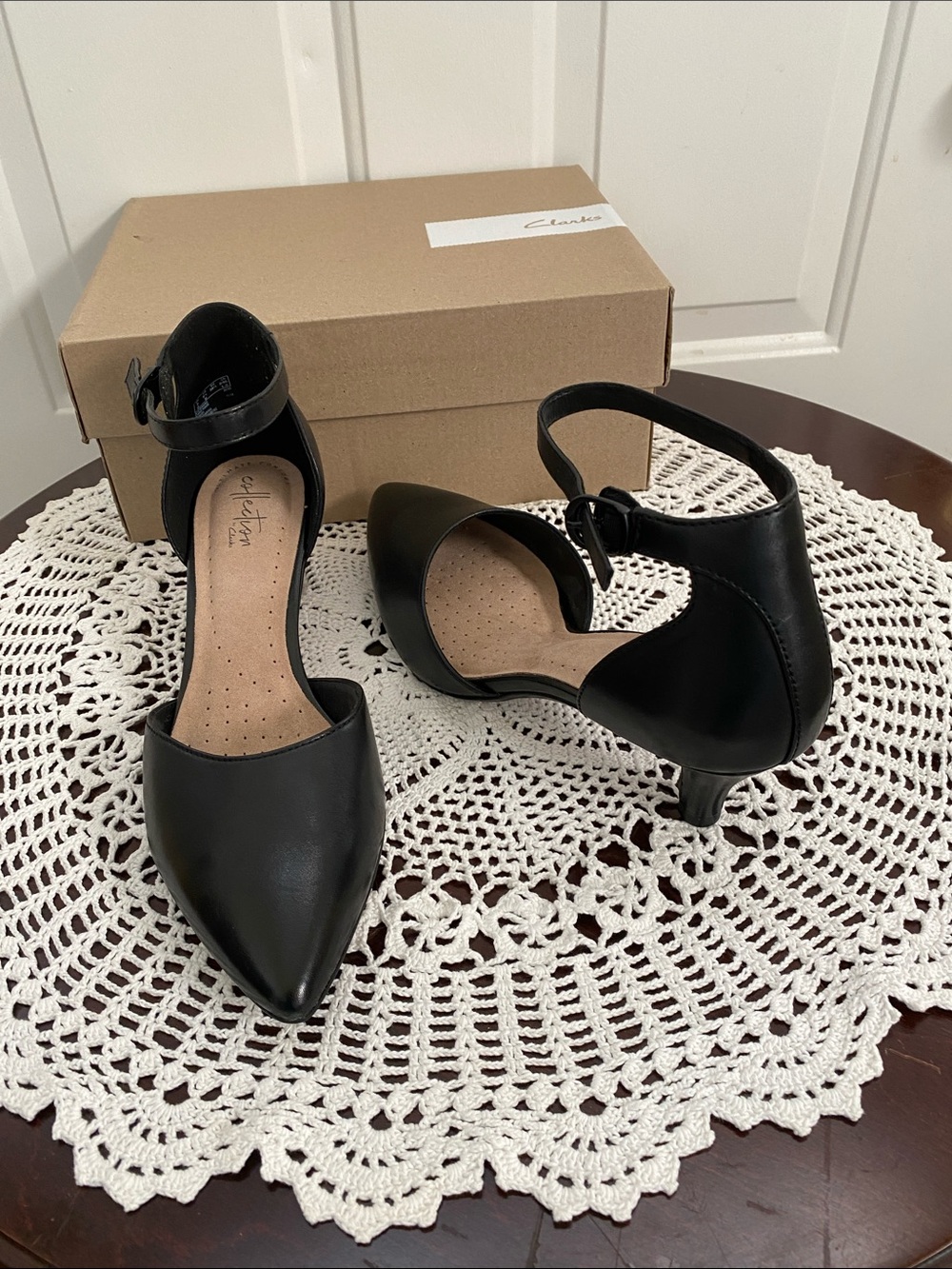 Clarks Black Pointed Ankle-Strap Kitten Heels